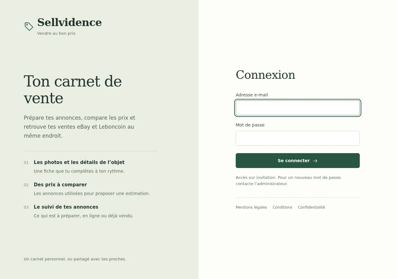 L’interface d’accueil de Sellvidence, un carnet de vente personnel